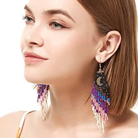 Long 5" Stars & Crescent Moon Night Earrings Handmade Beaded Oversized Statement - Picture 7 of 8